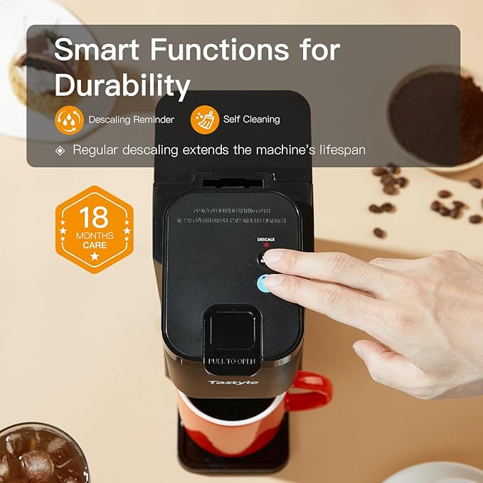 Tastyle Mini Hot and Iced Coffee Maker Single Serve, for K Cup and Ground, 6 to 14 Oz Brew Sizes, with Recipe Book, for Home, Travel, RV, Office and Dorm,Classic Black (2.0 Version)