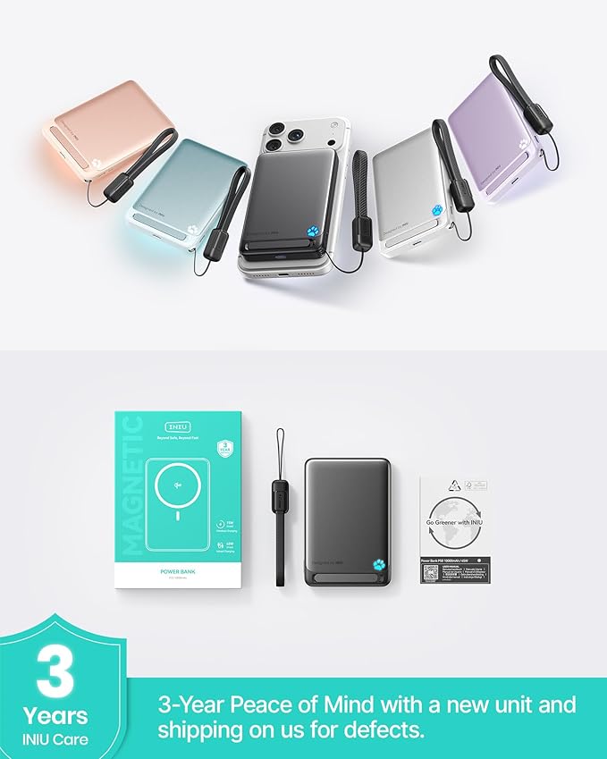 INIU for MagSafe Portable Charger, Original Qi2 Certified Wireless Fast Charging, Slimmest 10000mAh 45W Power Bank with USB C Cable&Stand, TSA Travel Battery Pack for iPhone 17-12 Series, Pretty Pink