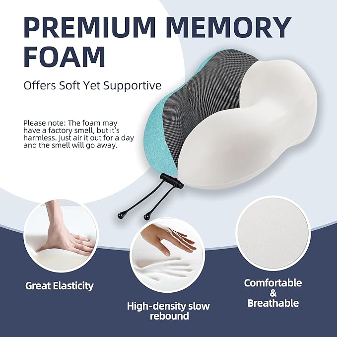 Travel Pillow with Extra Large Hood for Airplane Long Flights Privacy and Comfort Memory Foam with Skin-Friendly Cover for Road Trip Head&Neck Support for Plane Office Cars Sleeping & Rest (Mint Blue)