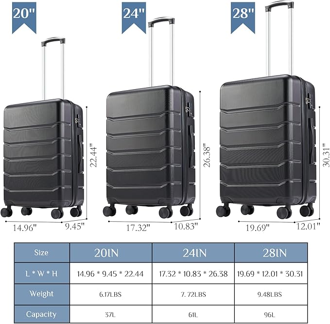 OLIXIS 3-Piece Luggage Set, Carry On Suitcases with Spinner Wheels, Expandable Travel Luggage with TSA Approved Lock & ABS Hard Shell, Black, 20/24/28 Inch