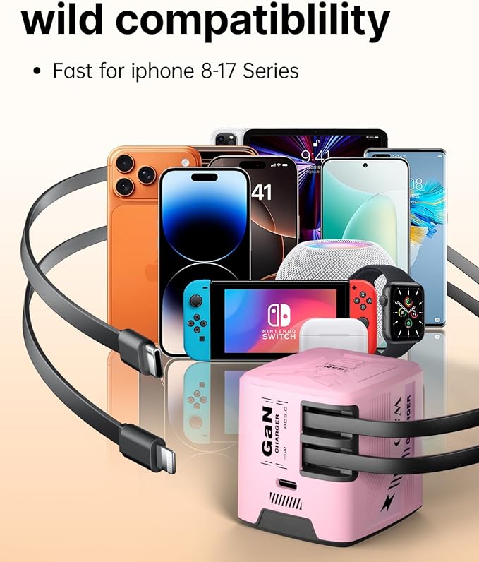 W & O 60W gan Fast Charger for iPhone, Retractable Phone Charger Wall Plug with Type‑C & Compatible Lightning Cables,for iPhone 17/16/15, Galaxy S25/24,Android and Devices (Pink)
