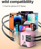 W & O 60W gan Fast Charger for iPhone, Retractable Phone Charger Wall Plug with Type‑C & Compatible Lightning Cables,for iPhone 17/16/15, Galaxy S25/24,Android and Devices (Pink)