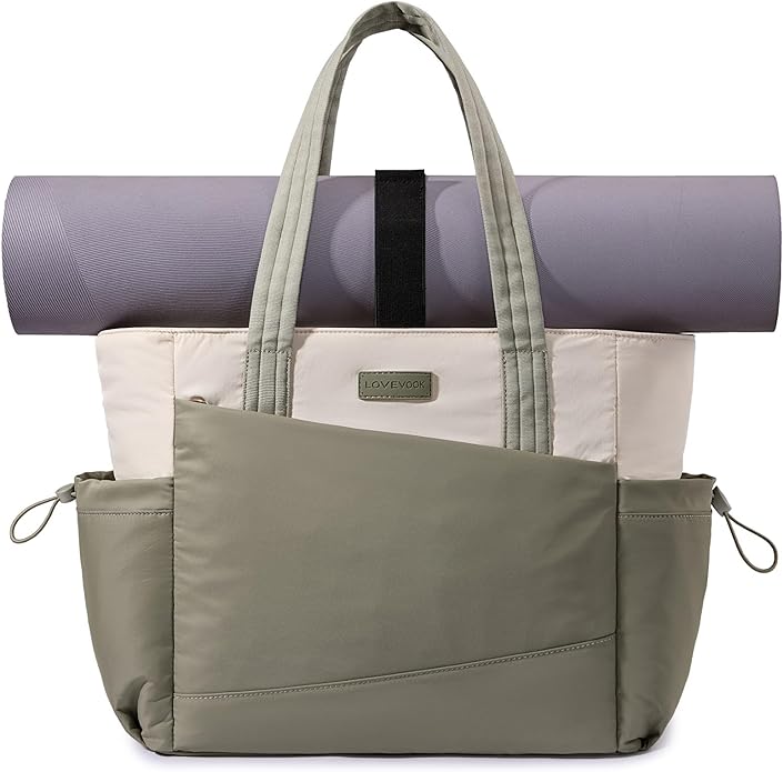 LOVEVOOK Gym Tote Bag for Women, Puffy Yoga Mat Bag with Large Cup Holder & Wet Pocket, Work Nurse Bag for Travel Workout