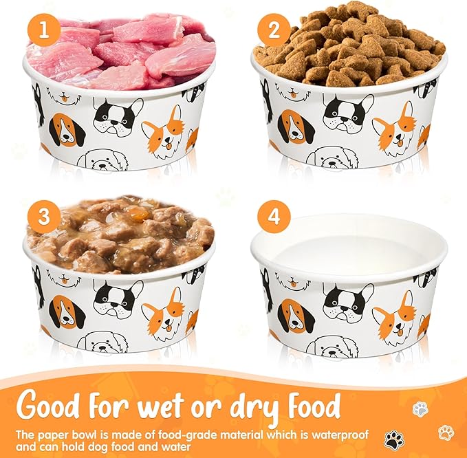 Mifoci 100 Pcs Disposable Dog Bowls 1.5 Cups Pets Disposable Feeding Bowls for Dogs and Cats Pets Paper Travel Cups for Small Medium Dogs Cats Puppy Kitten Dry or Wet Serving Food Water(Lovely)