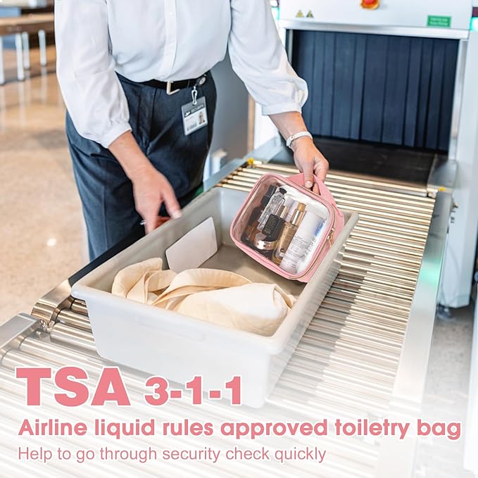 Wedama TSA Approved Toiletry Bag, 4 Pack Clear Makeup Bags with Handles, Quart Size Toiletry Bags, PVC Clear Cosmetic Bags for Women and Men, Carry on Airport Airline Compliant Bag, Pink