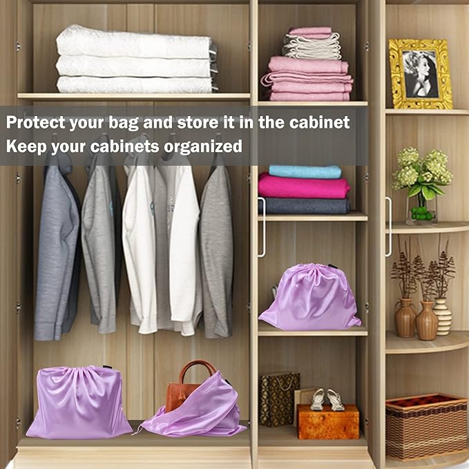 2 Pack Dust Bags for Handbags Silk Dust Cover Bag for Handbags Purses Shoes, Dustproof Drawstring Bag Travel Storage Pouch (Purple)