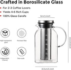 Bincoo Cold Brew Coffee Maker 40oz, Iced Coffee & Tea Brewer with 600-Mesh Fine Filter for Low Acid Smooth Taste, Square Glass Pitcher Fits Fridge Door, Dishwasher Safe Carafe