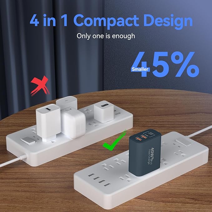 USB C Wall Fast Charger Block, 40W 4-Port Type C Charger Fast Charging Blocks PD Power Charger Adapter+QC 3.0 USB Multiport Charger Brick for Phone 17/16/15/14/13/12 Pro Max, Pad, GalaxyS25-Navy Blue