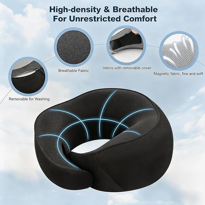 Ergonomic Airplane Pillow and Airplane Foot Hammock, Ultra Portable Neck Pillow with 360° Head Support, Portable Travel Foot Rest with Adjustable Strap, Includes Eye Mask & Ear Plugs, for Flight, Car