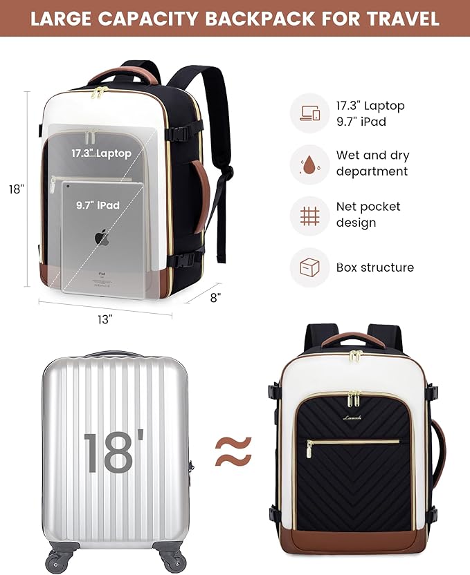 LOVEVOOK Large Travel Backpack for Women, TSA Carry on Backpack for Airplanes, 40L Personal Item Travel Bag for Women fits 17" Laptop,Waterproof Carry on Bag Airplane Approved with 3 Packing Cubes