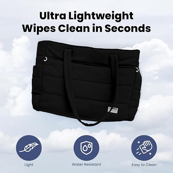 rubyloo Puffer Dog Travel Bag for Dog Moms – Doggy Diaper Bag with Pet Bowls & Food Storage or Everyday Puffy Tote – Doggy Mom Gifts for Women – Lightweight, Travel-Ready Gift for Pet Lovers - Black