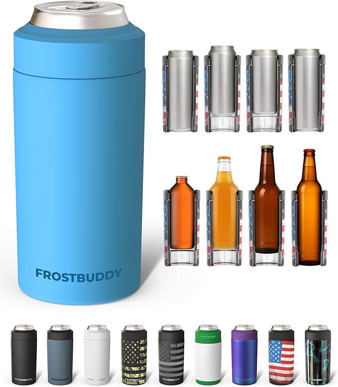 Frost Buddy Universal Can Cooler - Fits all - Stainless Steel Can Cooler for 12 oz & 16 oz Regular or Slim Cans & Bottles - Stainless Steel (Splash)