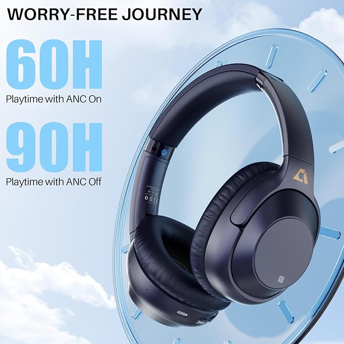 Bluetooth 5.2 Hybrid Active Noise Cancelling Headphones for Airplane Travel, 90H Playtime Wired and Wireless Over Ear ANC Headset for Adults, Android, Home Office, Blue