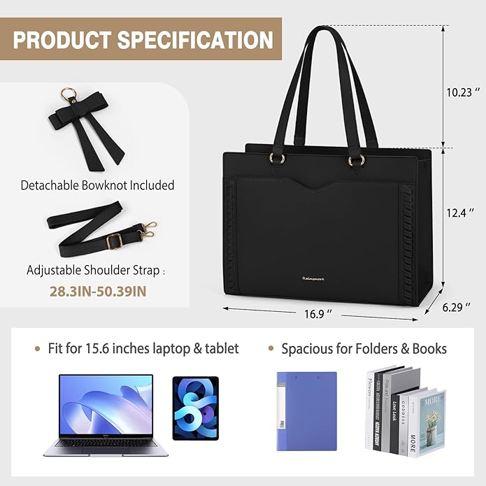 RAINSMORE Laptop Bag for Women 15.6 Inch Work Tote Bag with Detachable Strap & Bow Professional Laptop Tote with Cup Holder