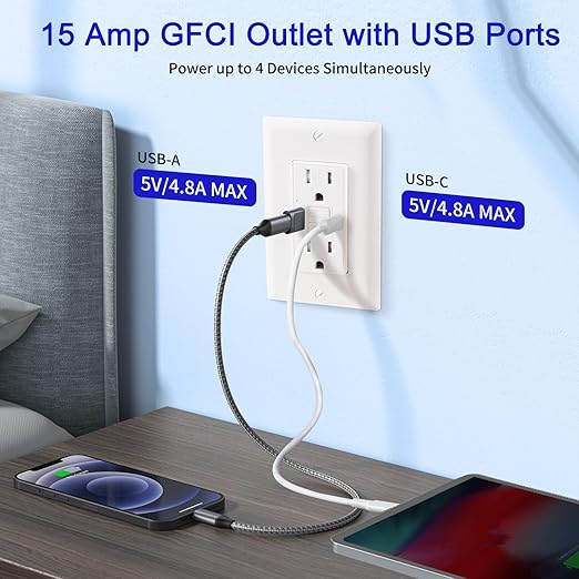 15 Amp Self-Test GFCI Outlet Combination with USB Type A and Type-C, Tamper Resistant Thinner Duplex Outlet, in-Wall, USB Charger for Smartphones, Tablets, Black, 2-Pack