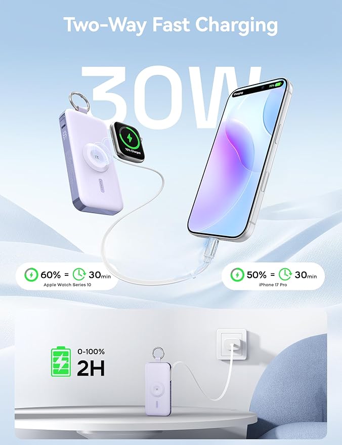 RORRY Portable Charger, 12000mAh 30W Fast Charging Power Bank with Built-in Retractable USB C Cable, Battery Pack with Keychain, Travel Essentials for iPhone, Apple Watch, iPad, Purple