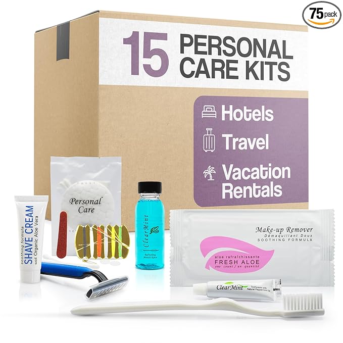 Personal Care Travel Toiletries | 1-Shoppe Amenities Kit | Travel Shaving Set, Toothbrush & Paste, Mouthwash, Makeup Wipes, Swabs, Nail File & Sewing Kit | 75 Pieces