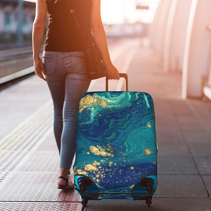 Travel Luggage Cover Protector, Gold Blue Abstract Marble Washable Elastic Baggage Cover Anti-scratch Double-sided with Zipper Closure for Wheeled Suitcase Fits 18-21 Inch Luggage