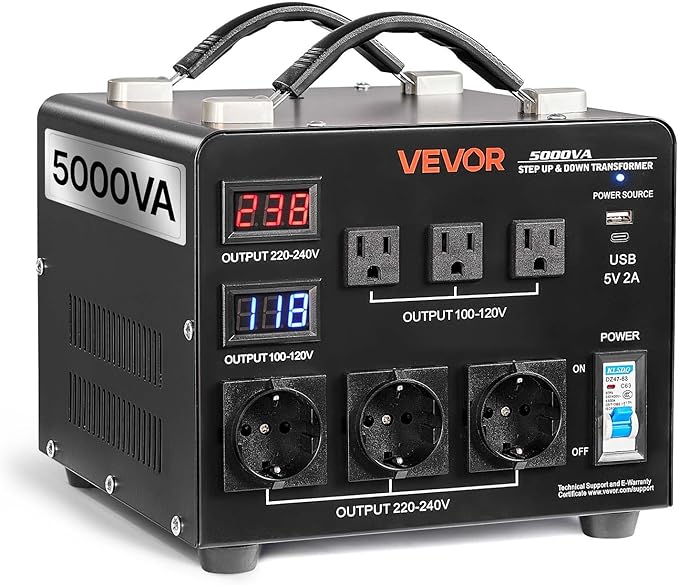 VEVOR Voltage Auto Converter Transformer, 5000VA, Heavy Duty Step Up/Down Power Transformer, 110V to 220V and 220V to 110V, with 3 US Outlets, 3 EU Outlets, LCD Display, Circuit Breaker Protection
