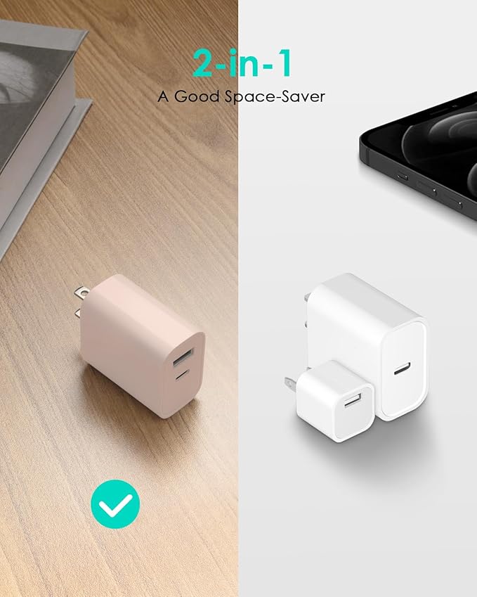 [4 Pack] USB C Charger Block Fast Charging Multiport Adpater [PD 20W USB-C & QC 3.0 USB-A Port] for i Phone 17/16/15/14/13/12/11/X/8, i Pad, Galaxy, Google, Galaxy & More [Pink]
