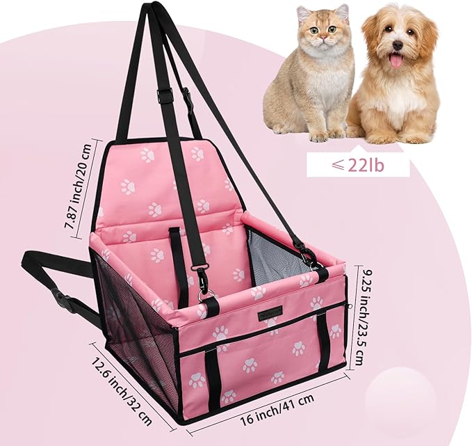 Dog Car Seat Foldable Dog Car Booster Seat Waterproof Breathable Oxford Travel Bag for Small to Medium Dogs, Puppies, and Pets-Footprint Pink