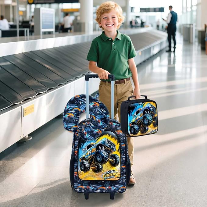 5Pcs Kids Suitcase for Boys, 18" Truck Toddler Carry on Luggage with Wheels, Cool Travel Rolling Set(Black)