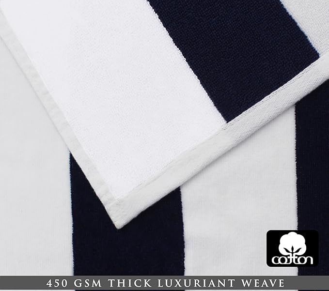 COTTON CRAFT Oversized Beach Towels - Set of 2 - XXL 35x84 The Big Kahuna 7 Foot Extra Large Beach Blanket Towel - Big & Tall - Huge 100% Cotton Velour Soft Luxury Pool Bath Towel - Cabana Stripe Navy