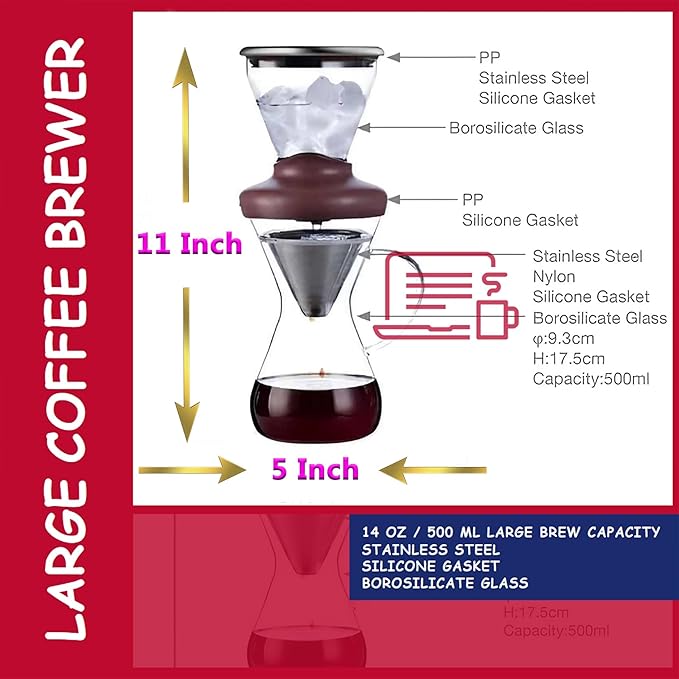 Blue Horizon Hot & Iced Coffee Maker 14oz – Pour Over Coffee Dripper with Temperature Resistant Glass Carafe & Stainless Steel Reusable Filter, Single Serve Cold Coffee & Hot Tea Brewer