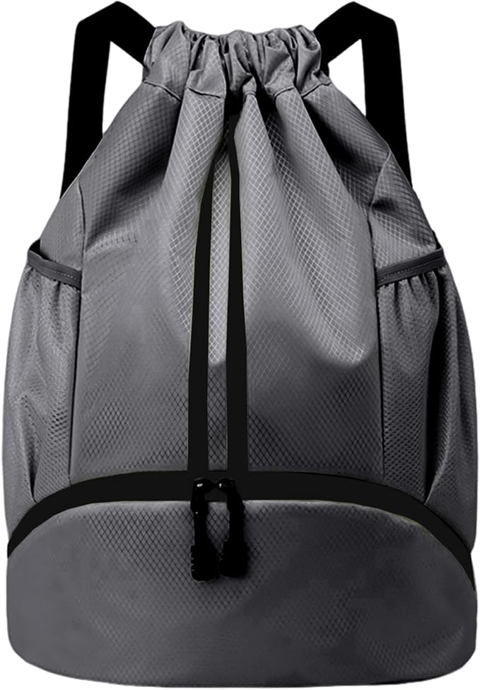 JELUTAR Drawstring Backpack Gym Bag with Shoes Compartment for Soccer, Basketball, Swim, Water-Resistant String Backpack Beach Cinch for Women Men, Dark Grey