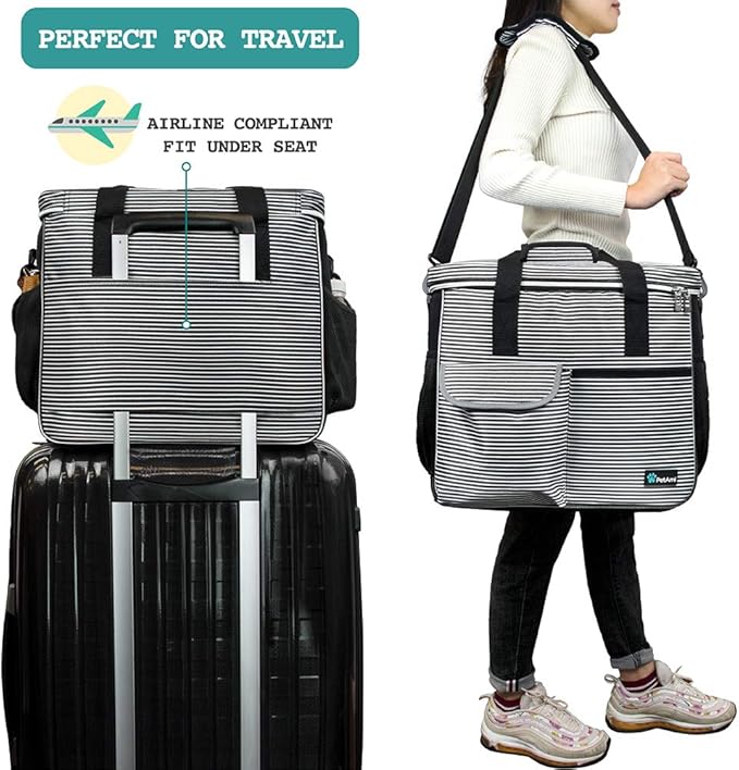 PetAmi Dog Travel Bag, Travel Pet Bag Organizer, Dog Food Travel Bag with Container Collapsible Bowls, Pet Travel Supplies Gift Accessories Weekend Camping, Puppy Cat Diaper Bag, Stripe Black Large