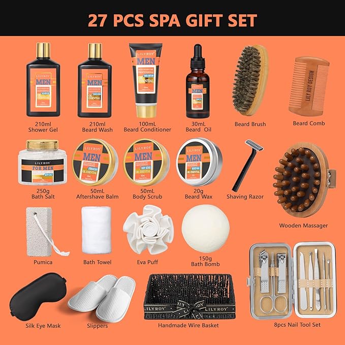 27Pcs Fathers Day Gifts Spa Gift Basket for Men - Bath and Body Gift Basket Set for Dad | Perfect Gifts for Men Christmas, Valentines Day, Birthday Gift Beard Bath Spa Gift Set for Men