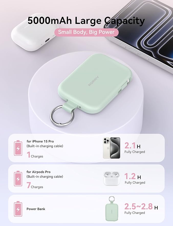 RORRY CharmGo Portable Charger, 5000mAh Portable Charger Power Bank with Built-in Cables, Travel Keychain Charger Battery Pack for iPhone 17/16/15/14/13/12, for AirPods 2/3/4/Pro, Green