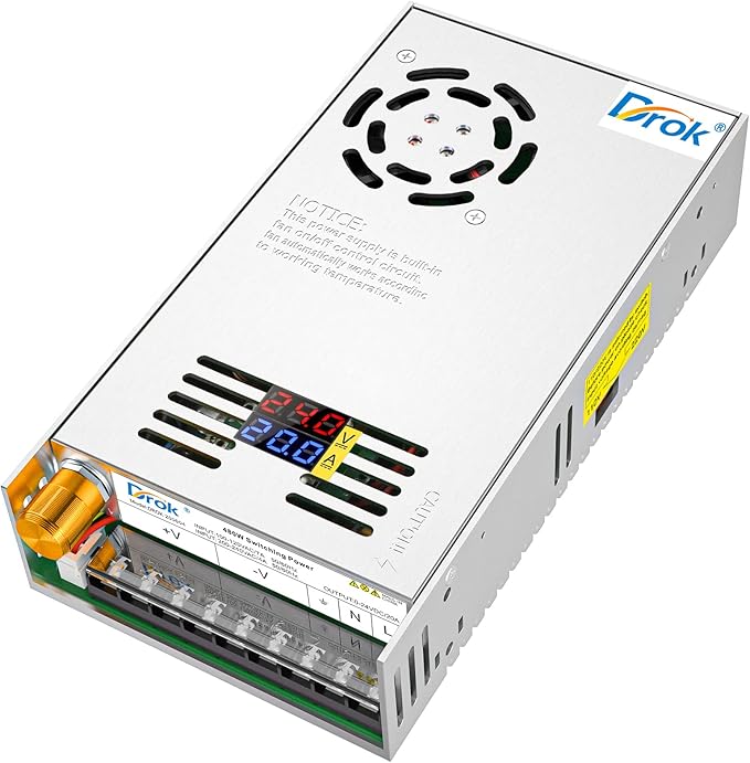 DROK 24V Power Supply, AC 110V/220V to DC 0-24V 20A 480W Buck Converter Dual Display, Variable Adjustable Adapter Regulated 5V 12V 24V Volt Switching Voltage Transformer 20A Amp Charger for Lab