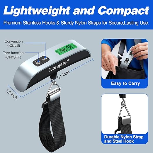 Digital Hanging Luggage Scale with Backlit for Travel, Portable Handheld Suitcase Weight Scale with Hook, 110 Pounds, Battery Included