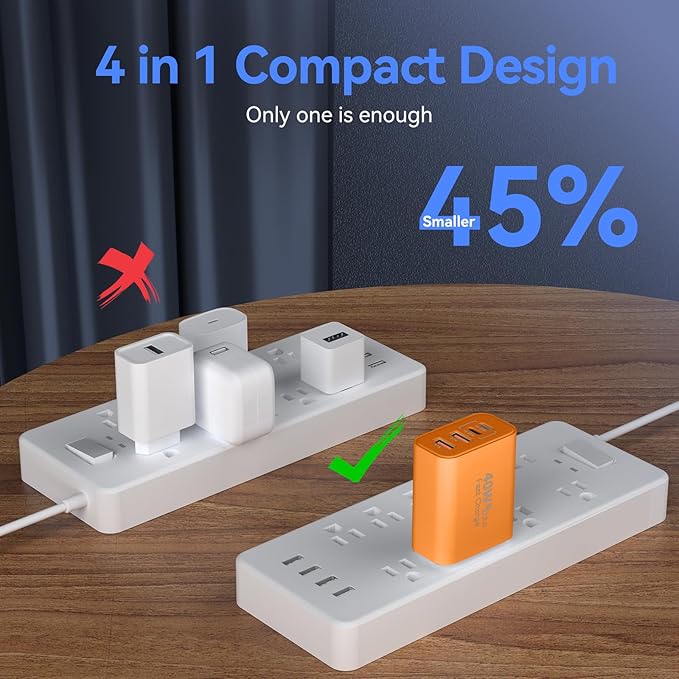 USB C Wall Fast Charger Block, 40W 4-Port Type C Charger Fast Charging Blocks +QC 3.0 USB C Multiport Charger Brick for Phone 17/16/15/14/13/12 Pro Max, Pad, Cosmic Orange