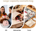 Gosect Large Makeup Bag, Cute Drawstring Cosmetic Bag with Canvas Lining, Floral Coquette Aesthetic Toiletry Bag, Travel Make Up Organizer Bag for Women and Girl (Bear