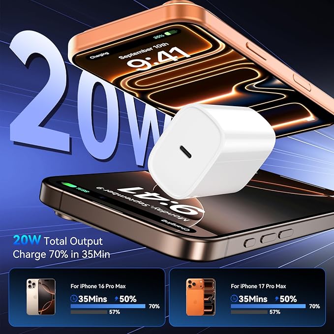 Phone 17 16 15 Pro Charger Fast Charging, 20W USB C Fast Charger Block with 12FT Long Type C Chargers Fast Charging Cable Cord for Phone 17/17 Pro/17 Pro Max/Air/16 Pro Max/16 Pro/15Pro Max/Pro, S24