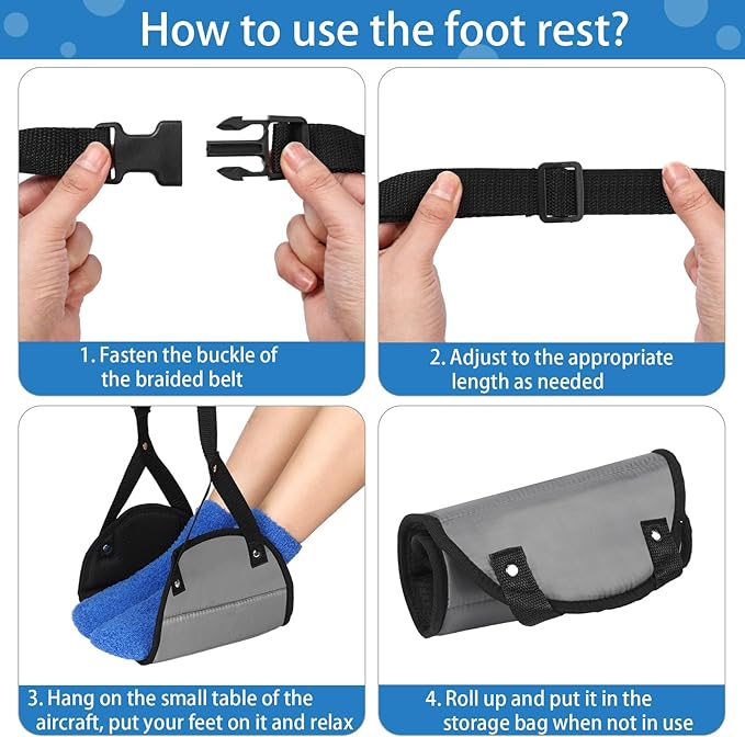 Yerliker Airplane Foot Hammock(Memory Foam) with Earplugs and Eye Mask Travel Necessities Adjustable Airplane Desk Foot Rest for Long Trip Pain and Swelling Relief(Gray)