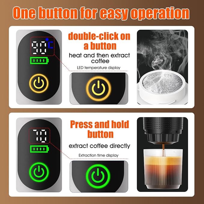 6-in-1 Portable Electric Espresso Machine–20Bar Self‑Heating camping coffee maker with 7500mA Battery,Display,compatible with Large/Small Capsules&Coffee Powder for Travel,Camping,Car&Office