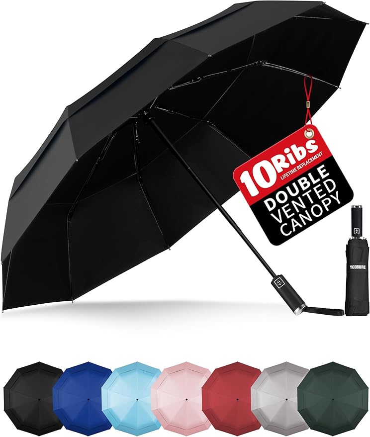 Yoobure Windproof Travel Umbrella with Wood Handle - Automatic Umbrellas for Rain & UV Sun Protection, Compact 46" Large Canopy, Lightweight Backpack Portable for Walking & Outdoor