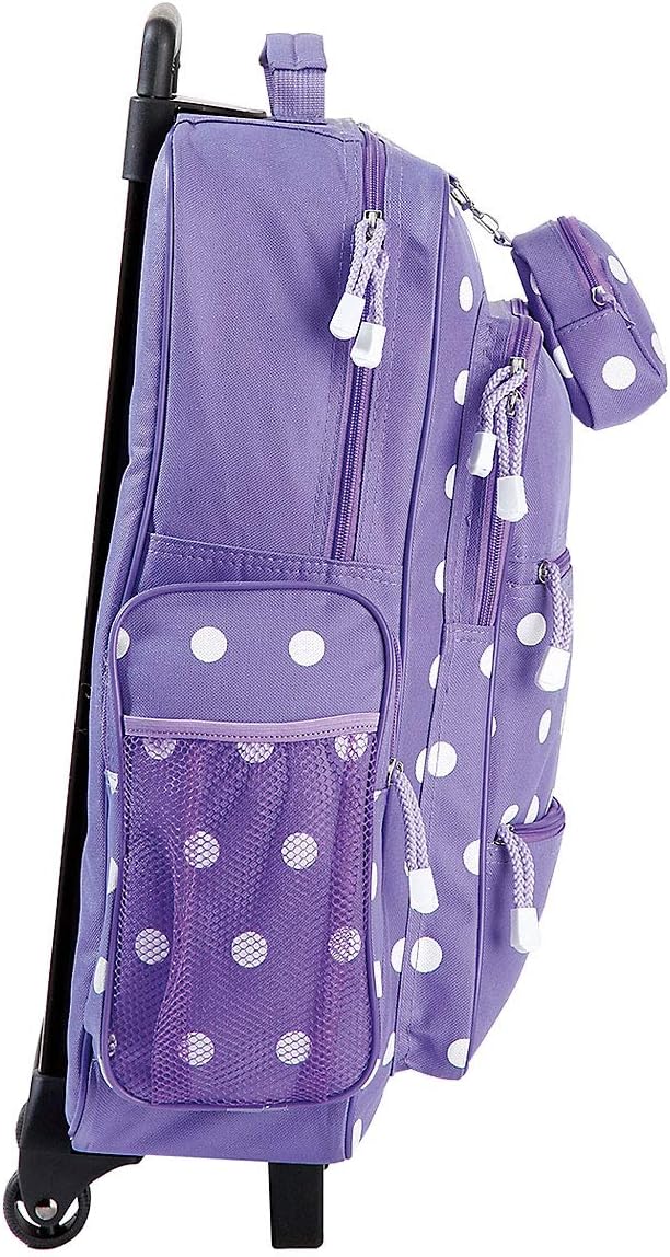 Lillian Vernon Personalized Rolling Luggage for Kids, 5-Pocket Purple Polka Dot Design Suitcase Set With Clip-On Pouch, Customizable Girls Travel Carrier on Wheels, 6" W x 15.5" L x 21" H