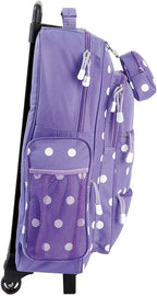 Lillian Vernon Personalized Rolling Luggage for Kids, 5-Pocket Purple Polka Dot Design Suitcase Set With Clip-On Pouch, Customizable Girls Travel Carrier on Wheels, 6" W x 15.5" L x 21" H
