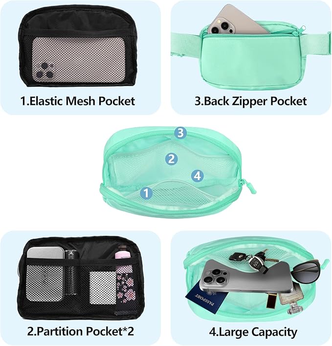 Fanny Pack with Strap Extension for Women and Men Crossbody Bag Belt Bag Bum Bag with Adjustable Strap for Hiking Workout Sports Travel Gifts for Teen Girl Light Green