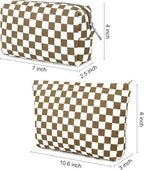SOIDRAM 2 Pcs Checkered Makeup Bag Large Cosmetic Bag Toiletry Bag Makeup Pouch Travel Bag Organizer Cute Makeup Brushes Aesthetic Accessories Storage Bag for Women Coffee Brown