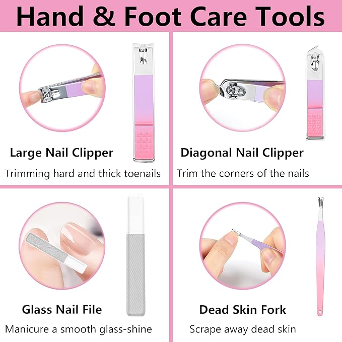 Women's Nail Clipper Set Travel Manicure Kit with Glass Nail File Stainless Steel Nail Clippers Case Nail Grooming Kit Gift
