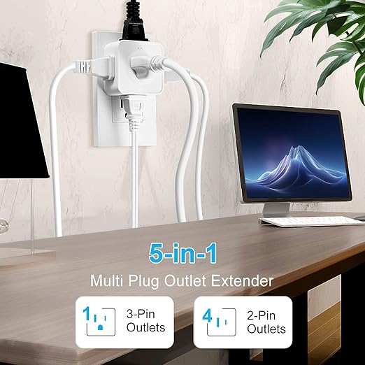 Multi Plug Outlet Extender, FiiMan 5 Outlet Splitter Wall Adapter, 3-Prong Grounded Outlet to The Side, Flat Wall Plug Side Access Adapter, 5 Way Outlet Extender Tap, White (2 Pack)