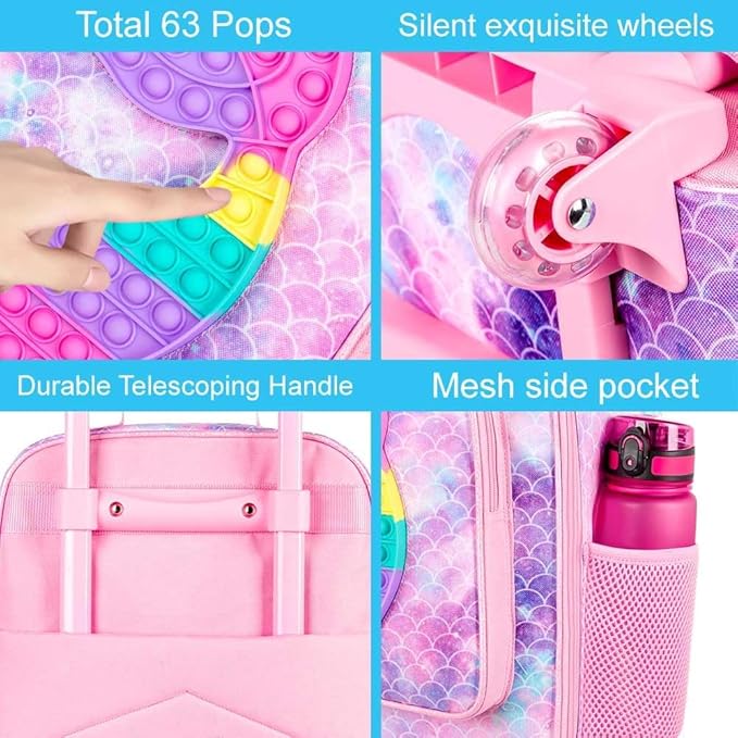 Kids Luggage for Girls, Cute Mermaid Suitcase Rolling with Wheels, Travel Carry on for Children Toddler Elementary - Pink