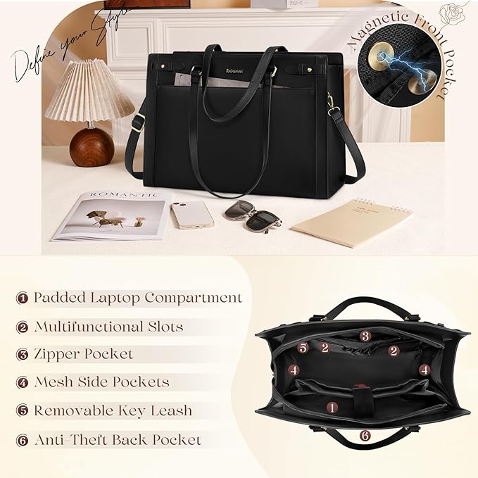 RAINSMORE Laptop Bag for Women 15.6 Inch PU Vegan Leather Work Tote Bag Waterproof Womens Briefcase Designer Computer Bags for Office Teacher College Travel Large Tote Purse Professional Black