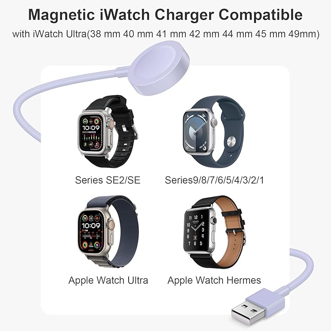 Fast Charger for Apple Watch Charger, Magnetic iWatch Charger to USB A Cable 3.3FT with USB A Wall Plug Adapter for Apple iWatch Series Ultra/10/9/8/7/6/SE/5/4/3/2 (Purple)