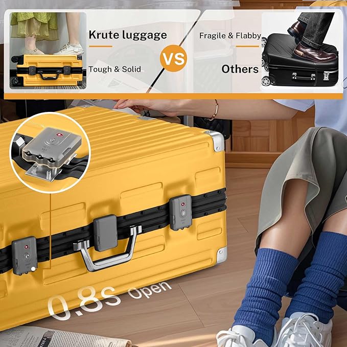Krute Aluminum Frame Luggage 28 Inch Checked Suitcase with Spinner Wheels TSA Approved No Zipper Hard Shell Luggage PC+ABS Travel Suitcase Yellow